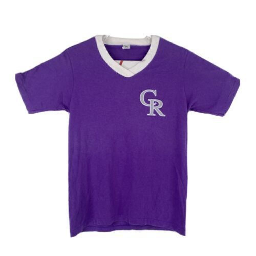 Vtg 80s Gulf Coast Sportswear Mens Sz M Purple Colorado Rockies V Neck T Shirt